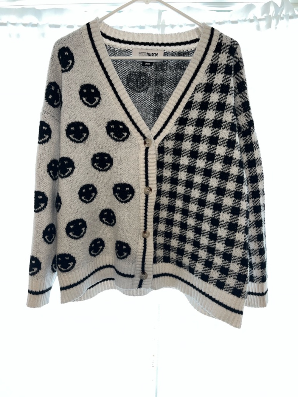 Black & White Smiley Face V-Neck Cardigan